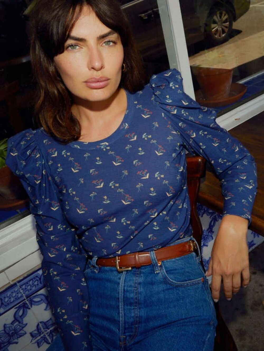 Nation LTD Blue Floral Puff-Sleeve Long Sleeve Tee